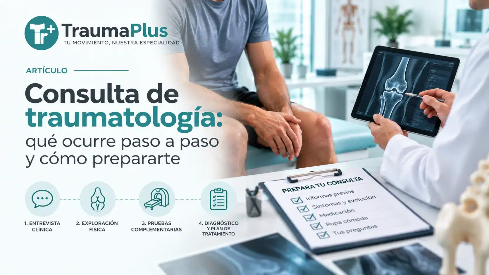 Consulta de traumatología paso a paso: entrevista clínica, exploración física, pruebas diagnósticas y preparación de la cita