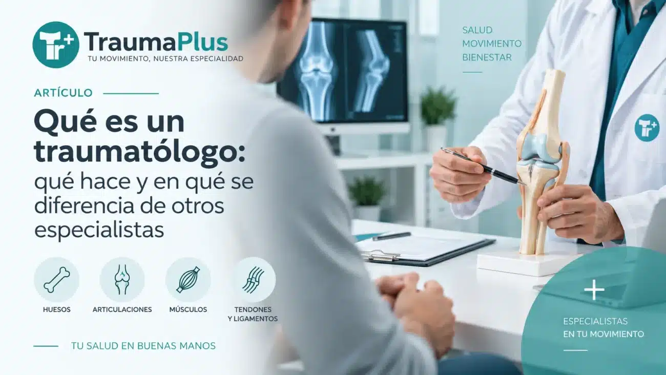Traumatólogo atendiendo a un paciente durante una consulta de traumatología y explicando una lesión musculoesquelética