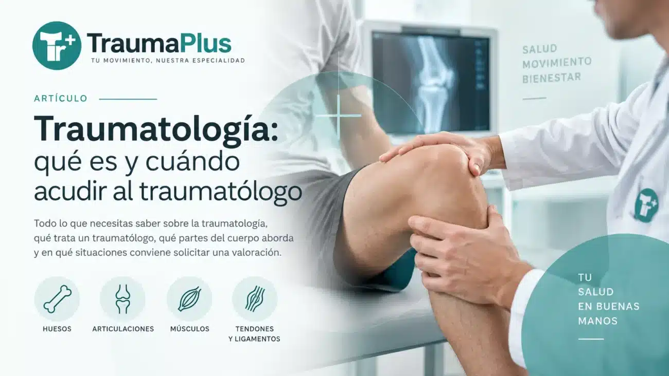 Traumatólogo evaluando la rodilla de un paciente en una consulta de traumatología de TraumaPlus