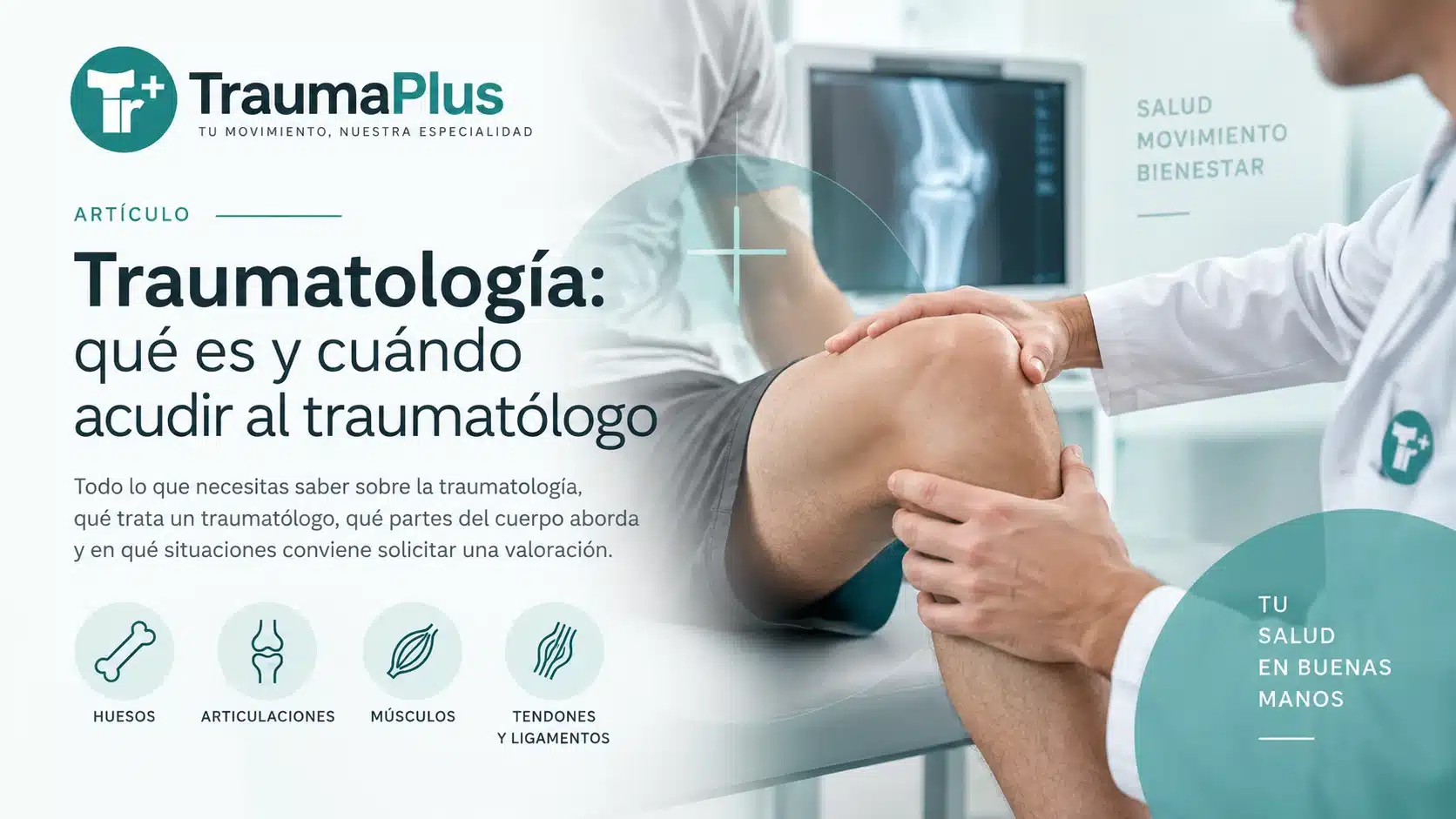 Traumatólogo evaluando la rodilla de un paciente en una consulta de traumatología de TraumaPlus